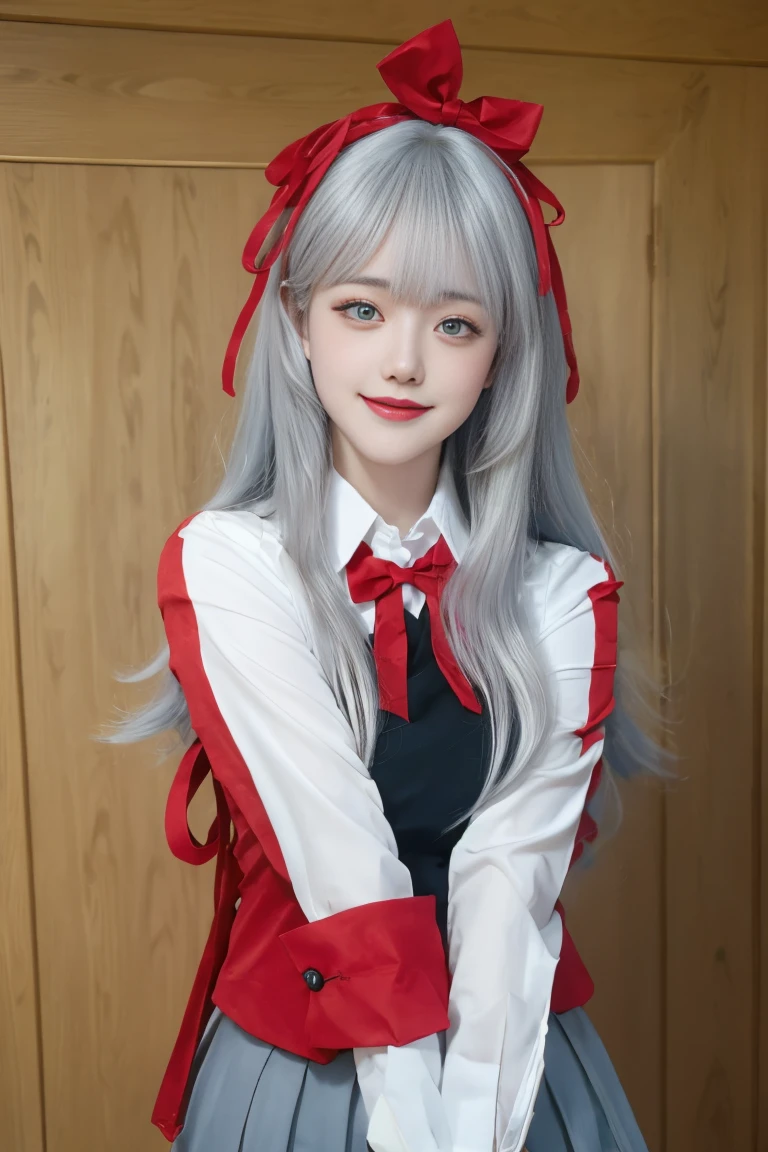 ulzzang-6500-v1.1,(raw photo:1.2),((photorealistic:1.30)), ((best quality)) ,((masterpiece)),((Ultra High Resolution)), ((Clear View)),,Ultra-high resolution,Clear face,（Reality：1.4) ,  illustration, an extremely delicate and beautiful, extremely detailed ,CG ,unity ,8k wallpaper, Amazing, finely detail, masterpiece,best quality,official art,extremely detailed CG unity 8k wallpaper,absurdres, incredibly absurdres, huge filesize, ultra-detailed, highres, extremely detailed,beautiful detailed girl, extremely detailed eyes and face, beautiful detailed eyes,light on face,cinematic lighting, 1girl, 独奏, bangs, alya(roshidere), (white hair:1.3), long hair, bangs, Blue eyes, hair ribbon, ahoge, (red ribbon:1.3), skirt, shirt, long sleeves, bow, , jacket, white shirt, pleated skirt, collared shirt, bowtie, black skirt, red bow, red bowtie, blazer, (grey blazer:1.3), long sleeves, upper body view, smile,