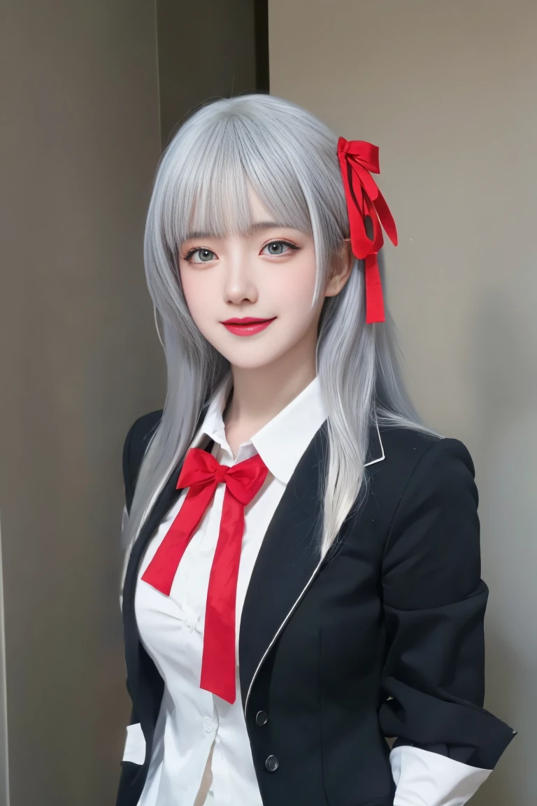 ulzzang-6500-v1.1,(raw photo:1.2),((photorealistic:1.30)), ((best quality)) ,((masterpiece)),((Ultra High Resolution)), ((Clear View)),,Ultra-high resolution,Clear face,（Reality：1.4) ,  illustration, an extremely delicate and beautiful, extremely detailed ,CG ,unity ,8k wallpaper, Amazing, finely detail, masterpiece,best quality,official art,extremely detailed CG unity 8k wallpaper,absurdres, incredibly absurdres, huge filesize, ultra-detailed, highres, extremely detailed,beautiful detailed girl, extremely detailed eyes and face, beautiful detailed eyes,light on face,cinematic lighting, 1girl, 独奏, bangs, alya(roshidere), (white hair:1.3), long hair, bangs, Blue eyes, hair ribbon, ahoge, (red ribbon:1.3), skirt, shirt, long sleeves, bow, , jacket, white shirt, pleated skirt, collared shirt, bowtie, black skirt, red bow, red bowtie, blazer, (grey blazer:1.3), long sleeves, upper body view, smile,