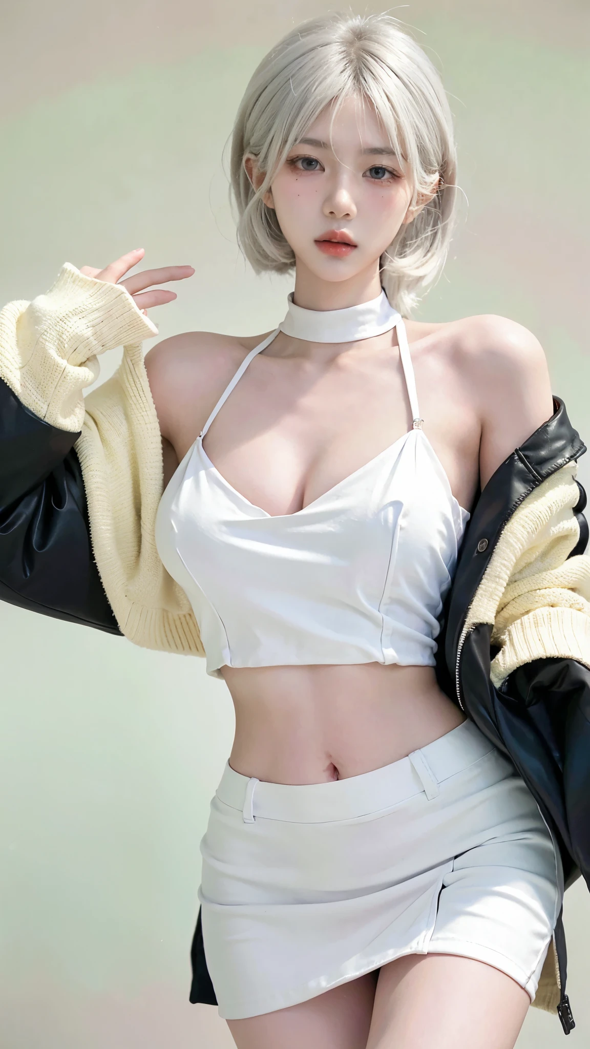 Beautiful woman with perfect figure:1.4,Ultra-high resolution,White background,(lifelike:1.4),Layered Hairstyle,White skin,Bikini:1.5,Super short pleated skirt,whole body,Very delicate face and skin texture,Double eyelids,Skin Whitening,short hair,White hair