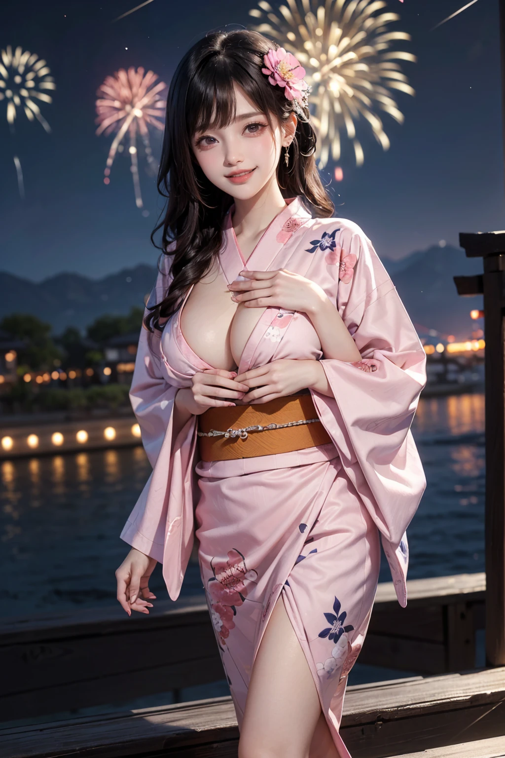 ((16K)),(masterpiece:1.3, Highest quality, Ultra-high resolution, Super detailed), (Realistic, photoRealistic:1.4),((nsfw:0.6)), Perfect lighting, Depth of written boundary, Browsing Caution, Surrealism,Face Light,(( large breasts)),Beautiful detailed hair,((Beautiful eyelashes)), Beautifully detailed face, Beautiful fine details, Beautiful body, thin脚,Beautiful feet, ((Detailed nails)), ((Beautiful fingers)), thin, 1 girl, 23 years old,Perfect Face, Long eyelashes,Perfect Anatomy, Supermodel with a long neck,((Skinny1.2)),(Perfect Anatomy,Anatomically correct, Highly detailed skin), ((beautiful girl:1.1)),(Mid-length hair:1.4, Wavy Hair:1.2, Black Hair) ,((With bangs)),Dainty facial structure,((Smiling happily:1.3)),((standing:1.1)),((hand on own chest)),((facing viewer)),((wearing very elaborate (pink) yukata with traditional Japanese floral patterns)),Generate an image of a night sky with colorful fireworks being launched. The background should be filled with a variety of vibrant fireworks, creating a festive and celebratory atmosphere,Beautiful fireworks,((wide shot:1.4)),