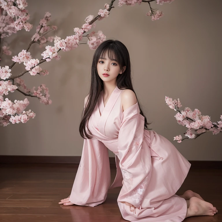 best quality, masterpiece, lifelike, 1 girl, solitary, eternity, Wearing a Sakura Kimono, Kneeling, Detailed Background, Delicate face,pink blush,,cold,((masterpiece))、(top quality)、8k、high detail、Super detailed、 21 years old female,masterpiece、born、fair、magic、realism、Visual effects、FXAA、SSAO、Shader、voiceless、ambient lighting、Tone mapping、High resolution、Ultra high quality、Million pixels、(8k resolution:1.10)、8k resolution、high detail、intricate details、 (high quality:1.2、masterpiece:1.2、:1.21)、(21 years old female)