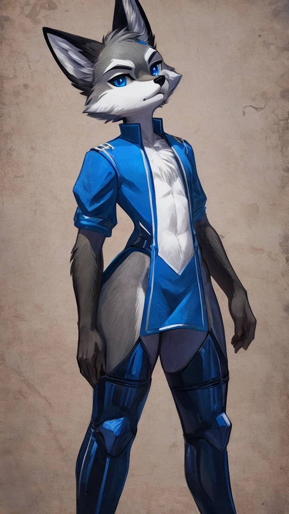 grainy, symmetric, upper body, bright colorful Navy blue eyes, markings, furry male, body fur, anthro Fox, solo, Cartoon, detailed, Gray fur, Thicc thighs, Wide hips, Slim waist, Slim shoulders, Large butt, Calm, wearing Blue Tunic with White accents, Monochromatic colors, Intimidating, Tall, Femboy, flat-chested, super flat-chested, solo femboy, just a femboy ((flat-chested))