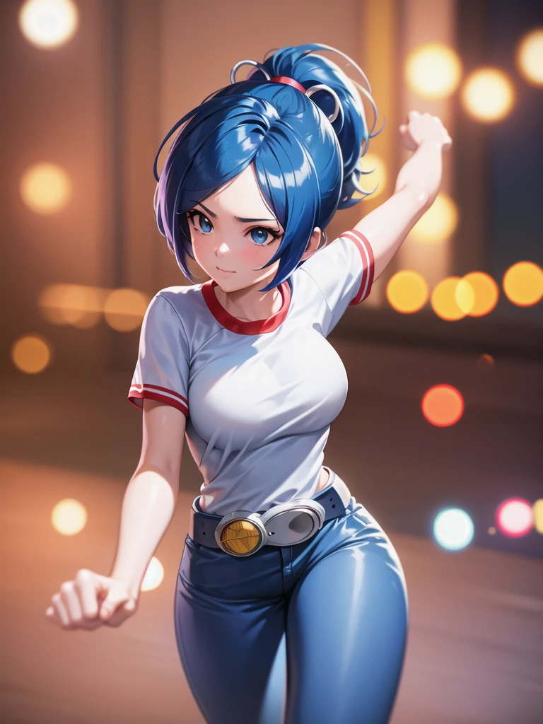 (at night), in a video game scene, a background of a beautiful city during the day raining, standing at attention, semi-short blue hair, blouse with an anime frog face, white flared pants, wearing blue fingerless exercise gloves, has round goggles on her head, huge belt with a round eyeglass, ((blue hair)), 1 girl, alone, 20 years old, young woman, perfect hands, beautiful fingers, beautiful long legs, beautiful body, beautiful nose, beautiful design of characters, perfect face, looking at the viewer with serious gesture (focusing on his face), closed mouth, Light_Smile, official art, extremely detailed CG unity 8k wallpaper, perfect lighting, bright and colorful front lighting, glowing skin (masterpiece : 1.0), (best_quality: 1.0), ultra high resolution, 4K, ultra detailed photography, 8K, HDR, high resolution, nonsense:1.2, Kodak portra 400, film grain, background blur, bokeh:1.2, lens flare, (vibrant_color:1.2), professional photography, (beautiful_face: 1.5), (narrow waist),
