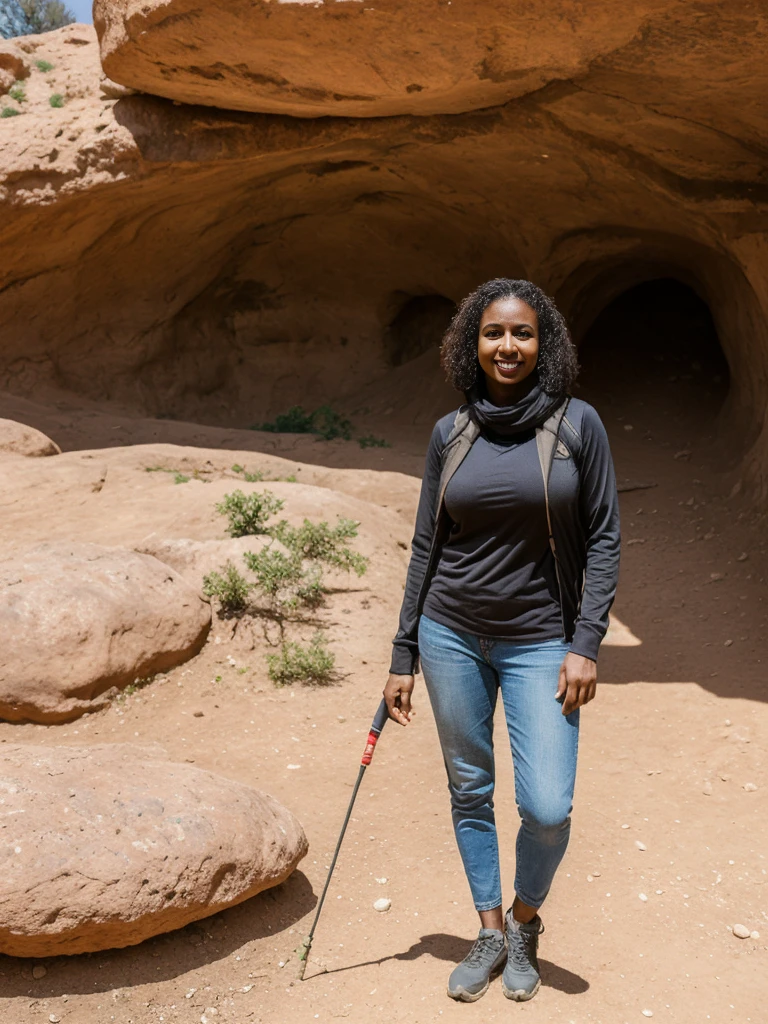 Amira, 1girl, solo, ((Sudanese woman)), consistent face and body, ((MILF)), ((50 years old)), (mature), ((slim)), ((Sudanese face)), (Sudanese nose), (Sudanese lips), short hair, upper body and upper legs, (background: overlooking Hercules Caves in Morocco), BREAK, (wearing stylish Comfortable hiking clothes)