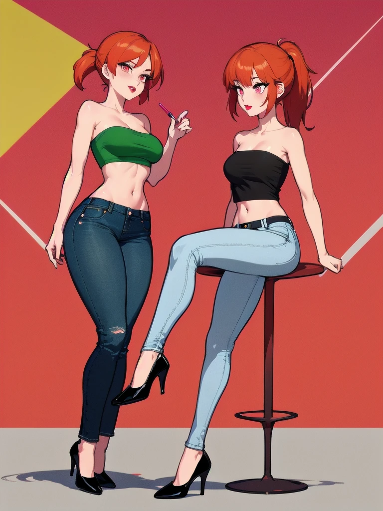  wide hips, thighs, Vicky, ponytail, lipstick, midriff, 1girl, strapless green crop top, pink eyes, micro short denim, orange hair ,solo girl, sitting, crossing legs high heels