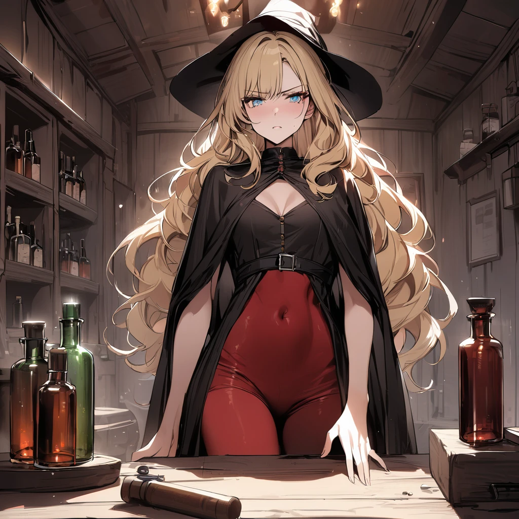 masterpiece, high quality, Girl, serious expression, light blue eyes, blonde, long wavy hair, wearing red tights, short knee length white and brown medieval style dress, wearing a black cape, wearing simple witch hat, old cabin background with potions in glass bottles