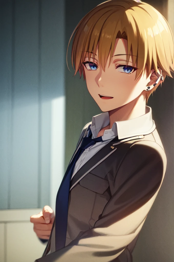 Masterpiece, best quality, 1boy, upper body, necktie, (black ear piercing), open mouth, simple backround, blonde hair, expressionless, short hair, jacket, looking at viewer, smirk