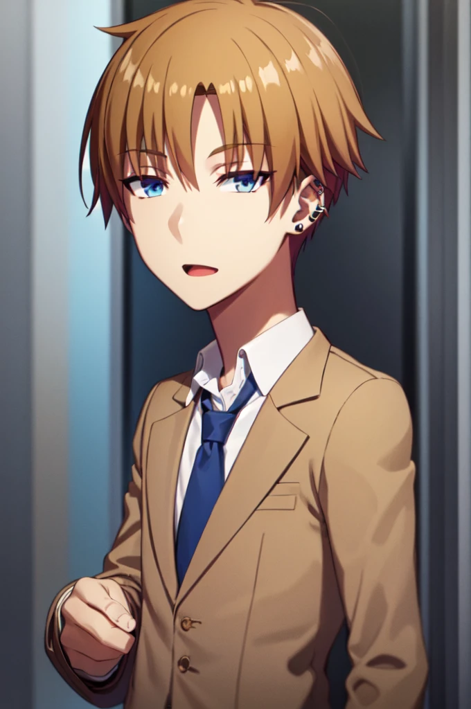Masterpiece, best quality, 1boy, upper body, necktie, (black ear piercing), open mouth, simple backround, blonde hair, expressionless, short hair, jacket, looking at viewer, smirk