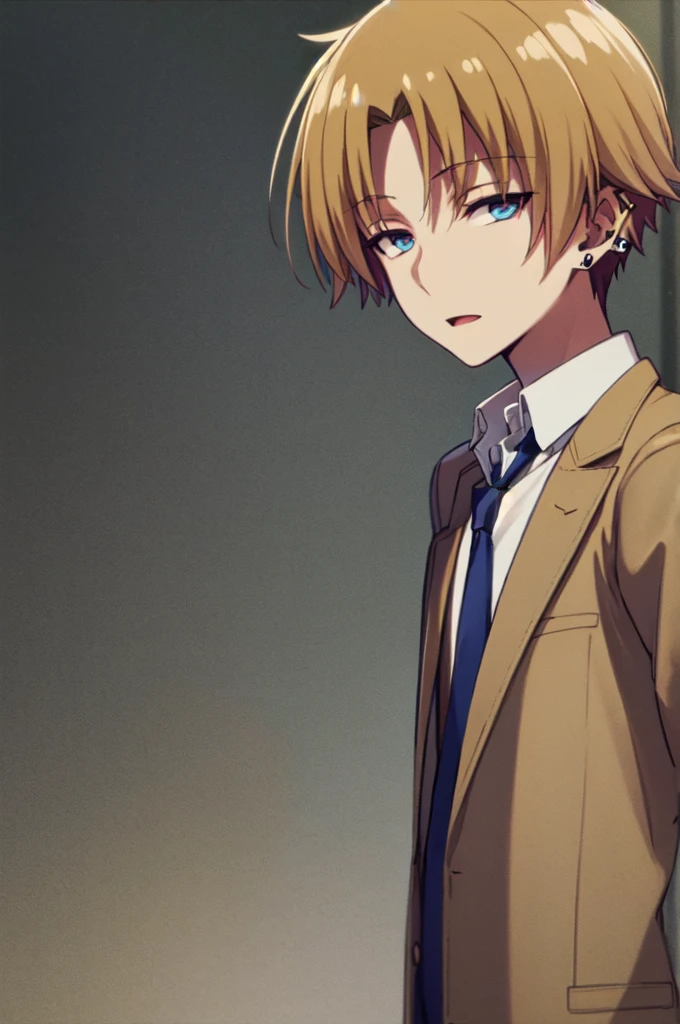 Masterpiece, best quality, 1boy, upper body, necktie, (black ear piercing), open mouth, simple backround, blonde hair, expressionless, short hair, jacket, looking at viewer, smirk