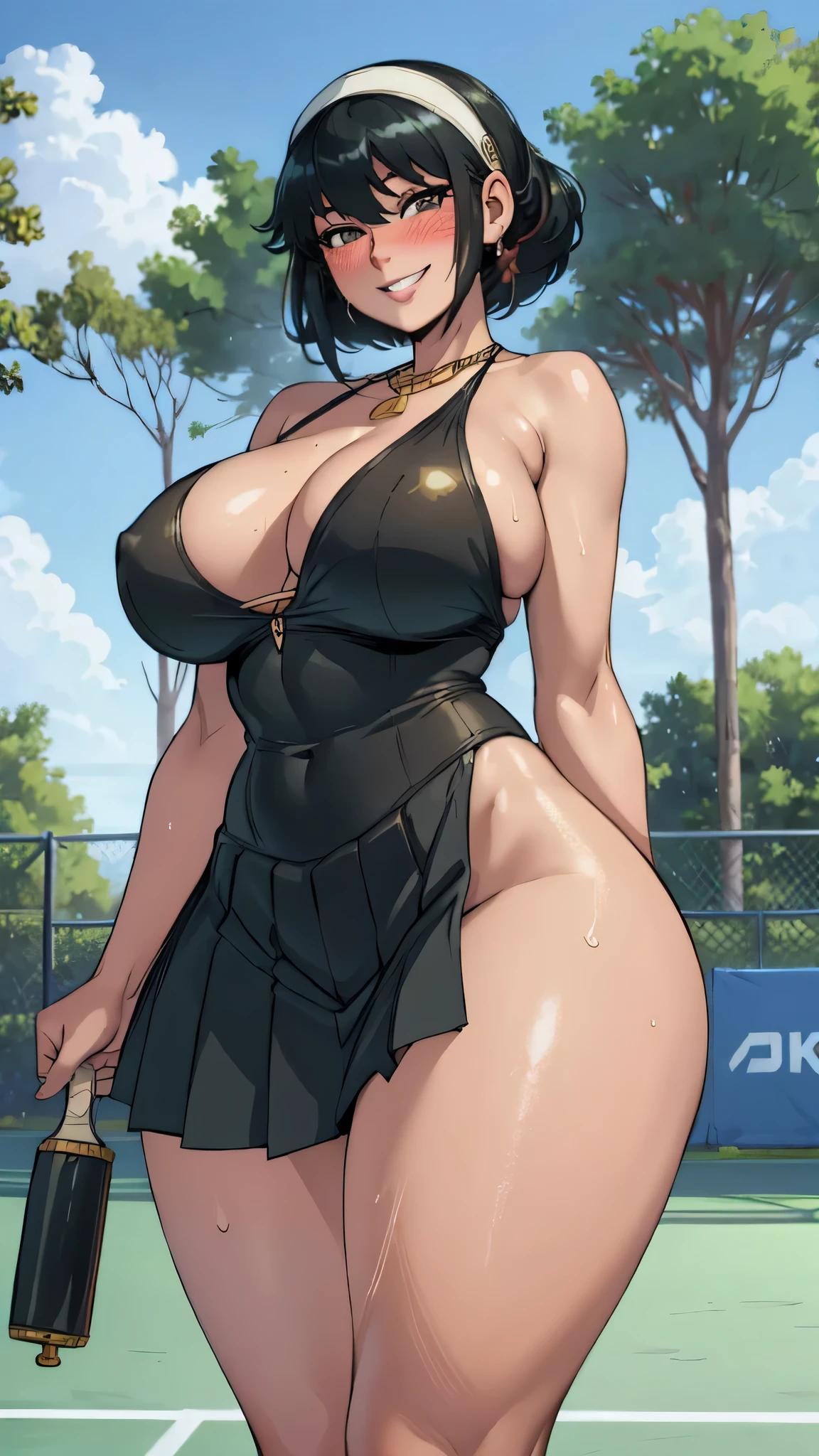 yor, (detailed lighting, extremely detailed skin, extremely detailed hair, shadows, 8k), looking at viewer, (High Key Lighting); black hair,d, fit figure, (Grinning smile) ,(((blush))))), ((large udder)) ,((naked)),sweating, Mom, milf, thicc thighs, lubricant skin groin area, sweaty body, big eyes , wide bold lips, outside tennis court , beautiful sky , angle from below , voluptuous curvy body , super realistic skin, super detailed face, short hair , attractive long legs, huge breasts with deep cleavage , simple gold necklace ,(low-rise pleated skirt) , perfect abs , thick calves, sweaty body, attractive smile, cheek blushed , photorealistic, 8k, ultra realistic.