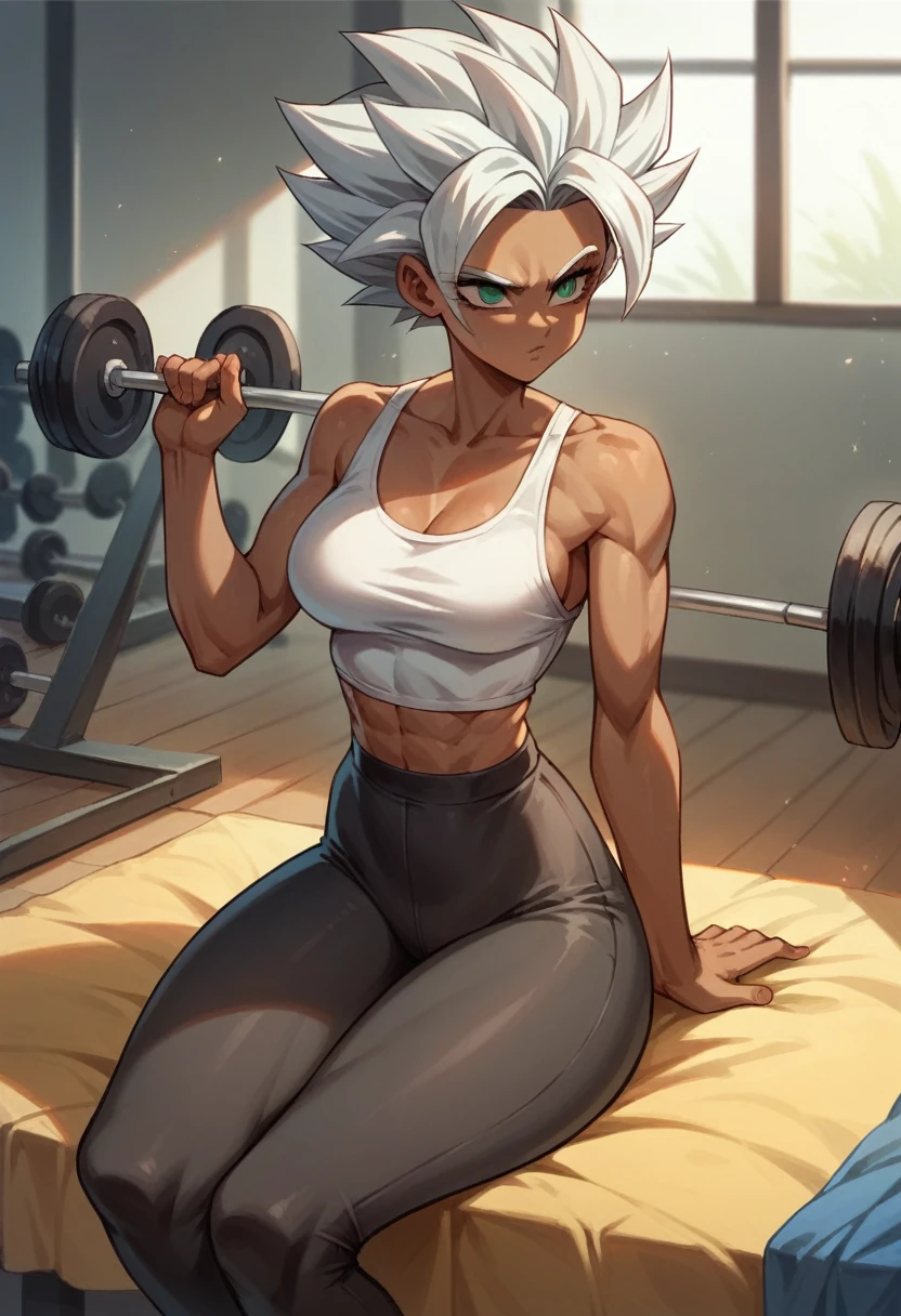 1 girl ,Saiyan, white hair combed back, green eyes,slim, thin waist, wide hips, brown skin color, medium breasts, white top,black leggings, she would be in a gym , show