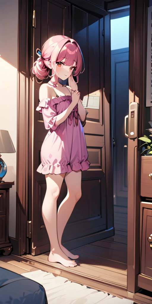 ((Highest quality、masterpiece、anime style、best quality、high resolution、8k、detailed、ultra-detailed:1.3))、Long legs、Sharp focus:1.2, Beautiful woman with perfect figure:1.4、(Smiling:1.2), double eyelid、30-year-old female、Sexy pose、((((Close your mouth、One Woman、negligee:1.5))))、Her hairstyle is long and permed.、Hairstyle: vertical rolls、bedroom、夜、ベッドに横たわる