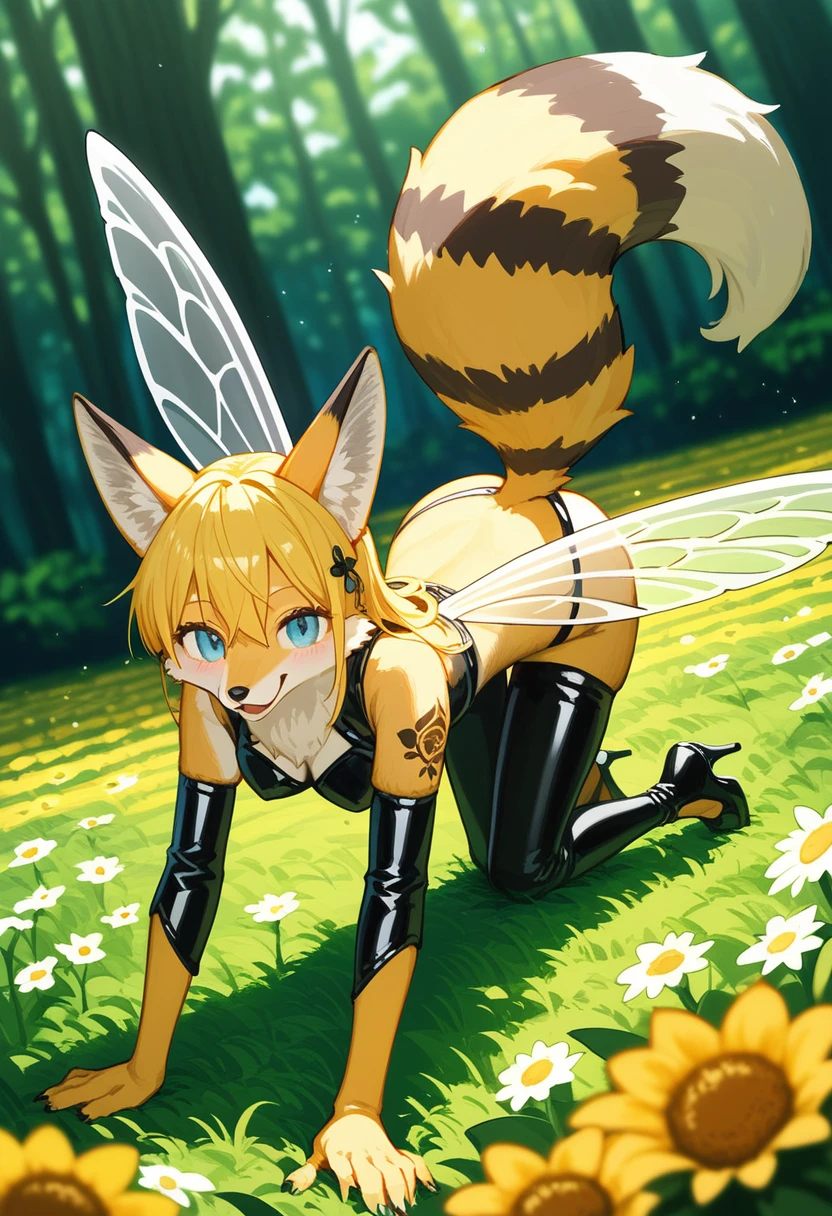 Highest quality, Highest quality, High quality illustrations, masterpiece, Ultra-high resolution, Detailed Background, bee蜜のプール, in the forest, Flower Field, Absurd, Perfect Anatomy, performance, Good lighting, Shadows in the movies(kemono, Furry Personifi猫ion), fox, bee, Honey Latex, bee蜜のローション, neon, neonカラー, cyber punk, 蜜beeの衣装, 蜜beeコスプレ, ラバーの蜜beeの尻尾, Bee Wings, enamel, bee蜜のプール, bee蜜のローションを浴びている, bee蜜のスライムを纏っている, Tattoo, High heels, On all fours, Dynamic Angle