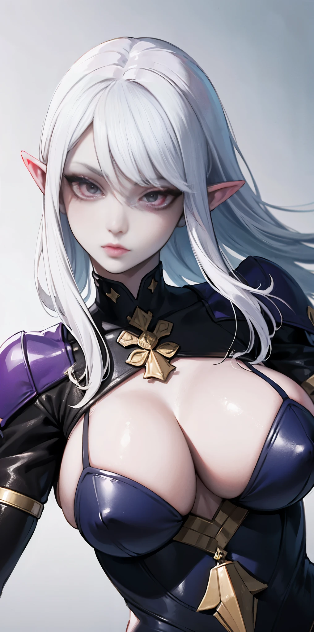 female with blue skin, white hair, red ayes, pointy ears, hyper realistic, Ultra detail, high res