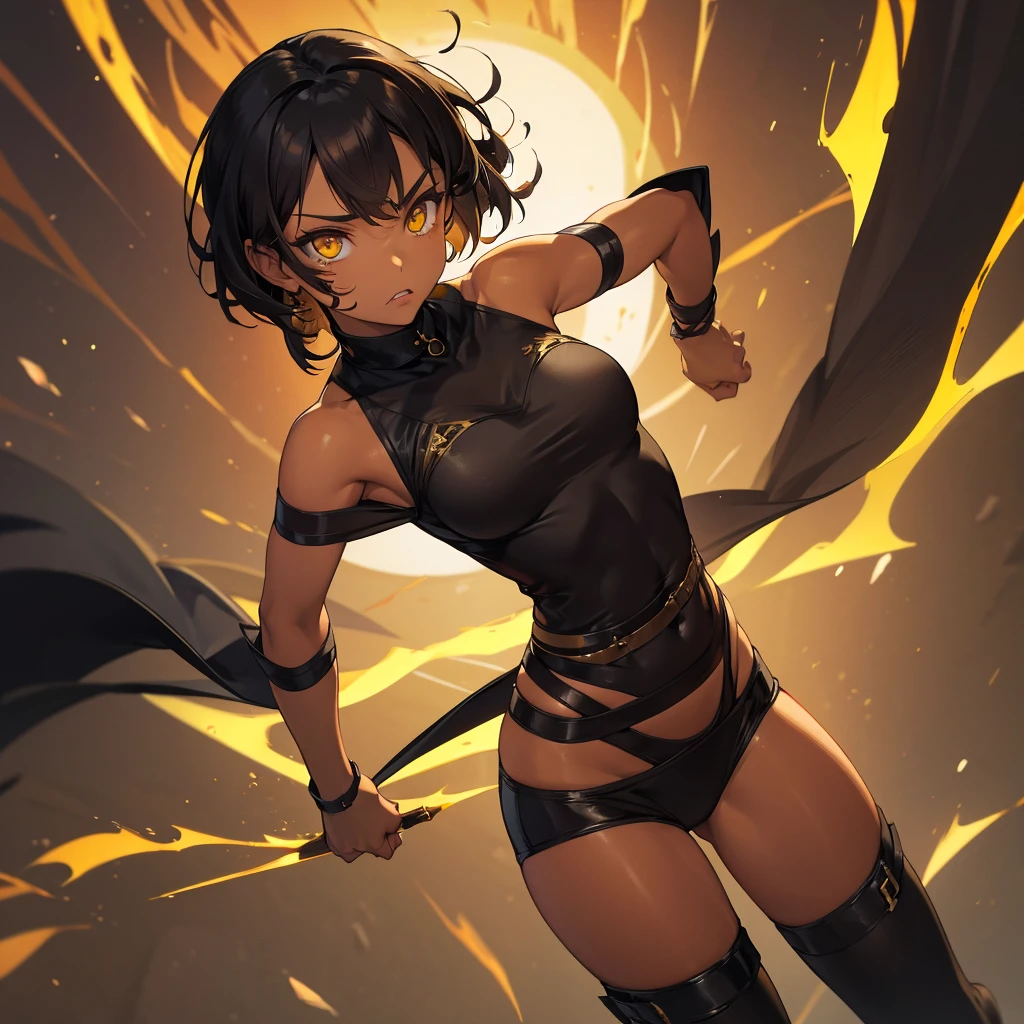 Fierce woman golden eyes, tan skin, wild short black hair