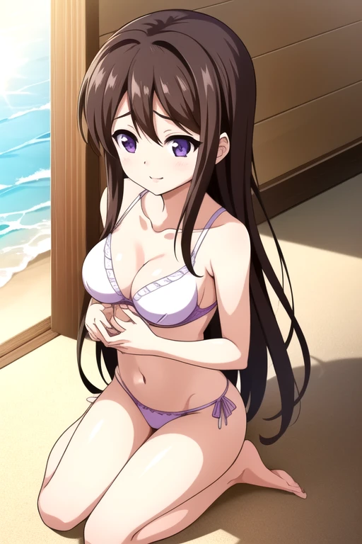 sunshine, beach, 比基尼, Marinette Akizuki, Akizuki Hamana, Long hair, Brown hair, (Purple Eyes:1.1), rest looking at viewer, rest indoors, rest (masterpiece:1.2), best quality, high resolution, Unity 8K wallpaper, (illustration:0.8), (Beautiful and delicate eyes:1.6), Extremely detailed face, Perfect lighting, Extremely detailed CG, (Perfect hands, Perfect anatomical structure),Smooth skin, Smile, Happy，Slim,(beautiful,Chest:1.3), full body