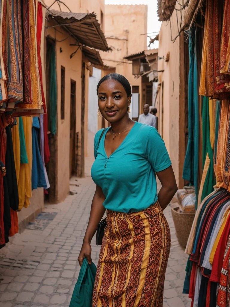 Amira, 1girl, solo, ((Sudanese woman)), consistent face and body, ((MILF)), ((30 years old)), (mature), ((slim)), ((Sudanese face)), (Sudanese nose), (Sudanese lips), short hair, upper body and upper legs, (background: bustling souks in Morocco), BREAK, (wearing stylish loose-fitting.)
