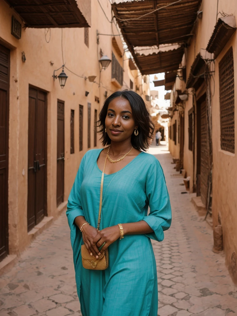 Amira, 1girl, solo, ((Sudanese woman)), consistent face and body, ((MILF)), ((30 years old)), (mature), ((slim)), ((Sudanese face)), (Sudanese nose), (Sudanese lips), short hair, upper body and upper legs, (background: bustling souks in Morocco), BREAK, (wearing stylish loose-fitting.)