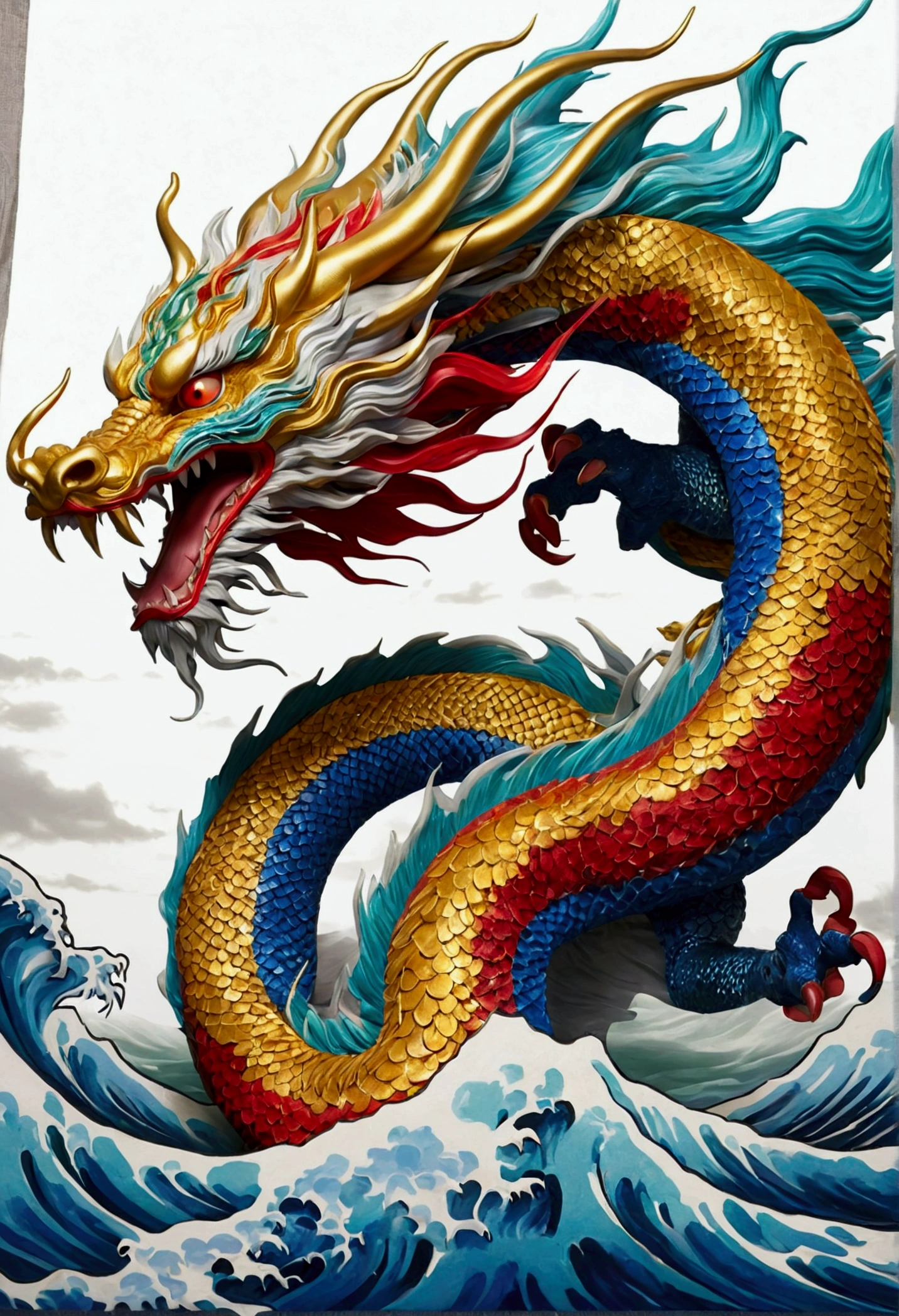 flag、masterpiece、(White Background:1)、Colorful Japanese dragon surrounded by sea、god々々Hello、Wind、god々、Long undulating body、tooth、Upper body、Fantasy、god話、high quality、Very detailed、masterpiece、amazing、Particle Effects、Dynamic Effects　live-action