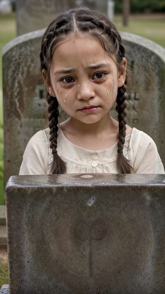 face of a beautiful 5 year old girl, white skin, brown eyes, black hair with braids, extremely sad and melancholic, eyes watering a lot, crying expression, crying little, 1 large tear highlighted, looking at the tombstone of an elderly deceased