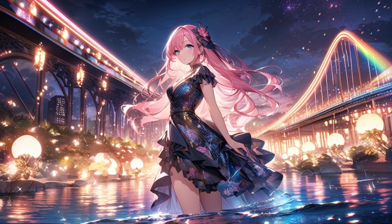 ``A beautiful woman,With long pink hair and beautiful eyes,Wear an elegant and sophisticated Hawaiian dress.The dress must have intricate designs and patterns,To give people a sense of luxury.in the background , The image should depict a romantic Hawaiian beach at night,Lights reflected on the water,The lights are still on on the bridge, Emphasizes glitter effects and rainbows throughout the image. Enhance your appearance,And add special ruffles to your clotheake it stand out.”