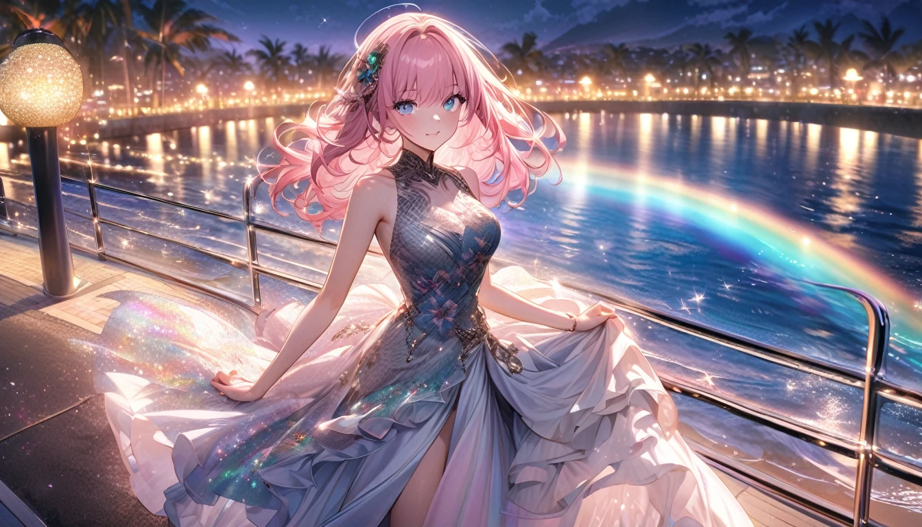 ``A beautiful woman,With long pink hair and beautiful eyes,Wear an elegant and sophisticated Hawaiian dress.The dress must have intricate designs and patterns,To give people a sense of luxury.in the background , The image should depict a romantic Hawaiian beach at night,Lights reflected on the water,The lights are still on on the bridge, Emphasizes glitter effects and rainbows throughout the image. Enhance your appearance,And add special ruffles to your clotheake it stand out.”