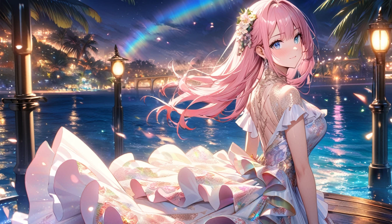 ``A beautiful woman，With long pink hair and beautiful eyes，Wear an elegant and sophisticated Hawaiian dress.The dress must have intricate designs and patterns，To give people a sense of luxury.in the background , The image should depict a romantic Hawaiian beach at night，Lights reflected on the water，The lights are still on on the bridge, Emphasizes glitter effects and rainbows throughout the image. Enhance your appearance，And add special ruffles to your clotheake it stand out.”