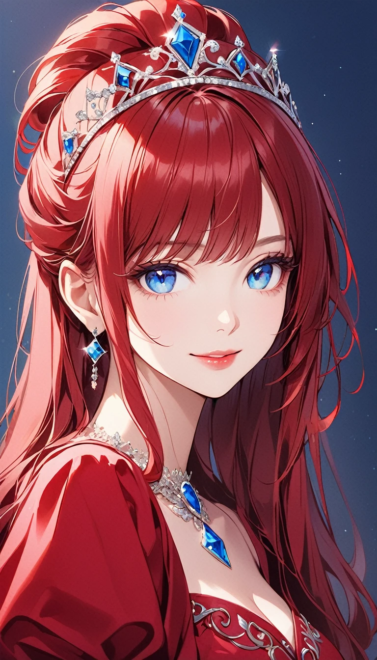the image the computer generated image of a woman in a tiara wearing a red dress, 1girl, blue eyes, solo, looking at viewer, lips, tiara,red hair,smile,