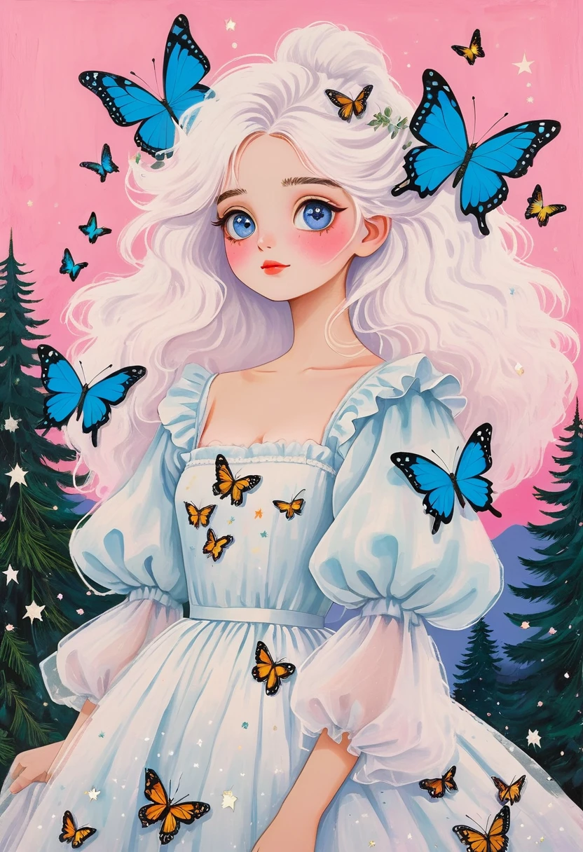 Rafael Silveira Collage Painting:Girl Portrait,Starry Eyes,White fluffy hair,There is a pine tree on my shoulders,Puff Sleeve Princess Dress-Gauze,Butterflies in the sky,Luminescence,Soft pink,Solid color background