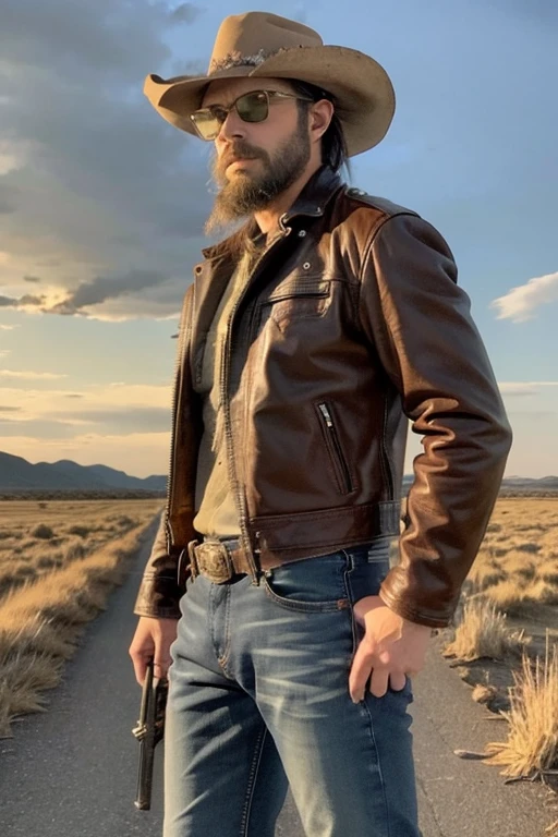 male, solo, beard, Glasses, Cowboy hat, leather jacket, Denim pants, Western Boots, holster, pistol, sunset, Expansive plains, wilderness