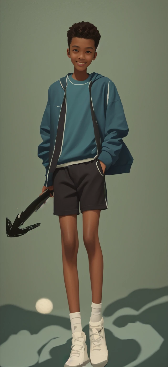  boy，（Wearing white tennis clothes，Wearing green socks），Dark skin，Big round eyes，Very short hair，Tall and skinny，Toothy Smile，Sharpen details，Knee muscle lines，Blue Background，Axe in hand