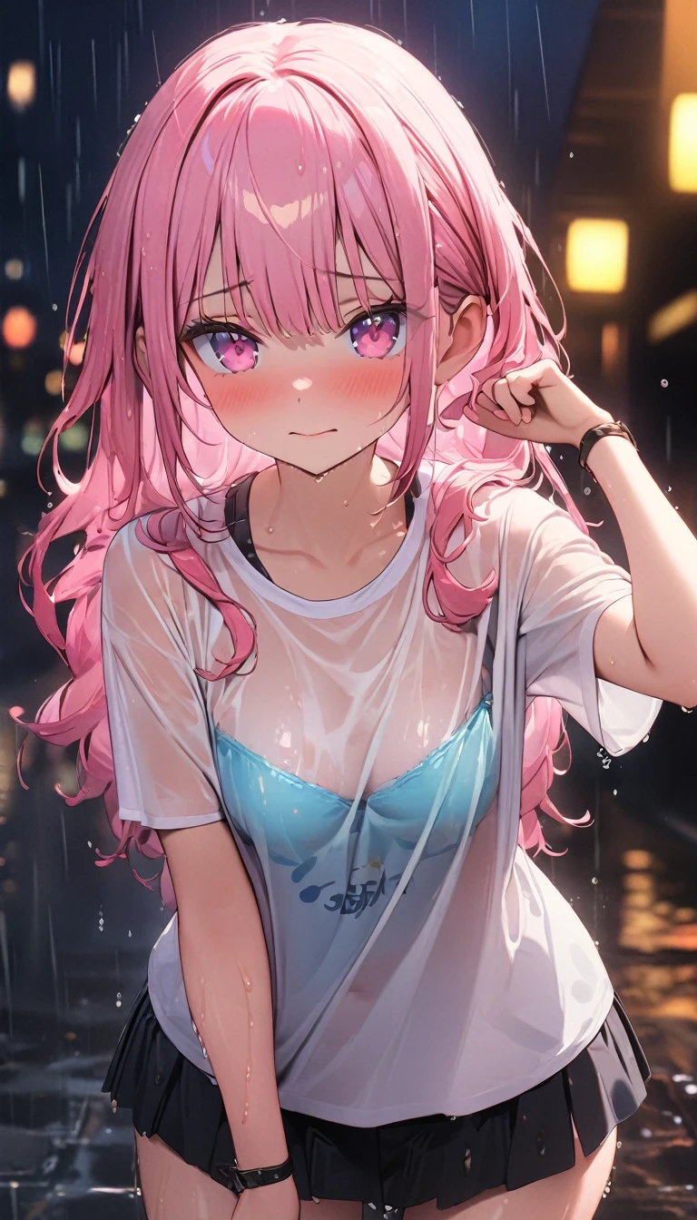 (Best quality, 8k, 32k, Masterpiece, UHD,:1.2),RAW, 1girl,ultra cute , natural lighting,transparent shining eyes, 20yo ,fair complexion, T-shirts, wet, see- through, rainy, mini skirt, embarrassed,  From front, show off bra under T-shirts, wet hair,