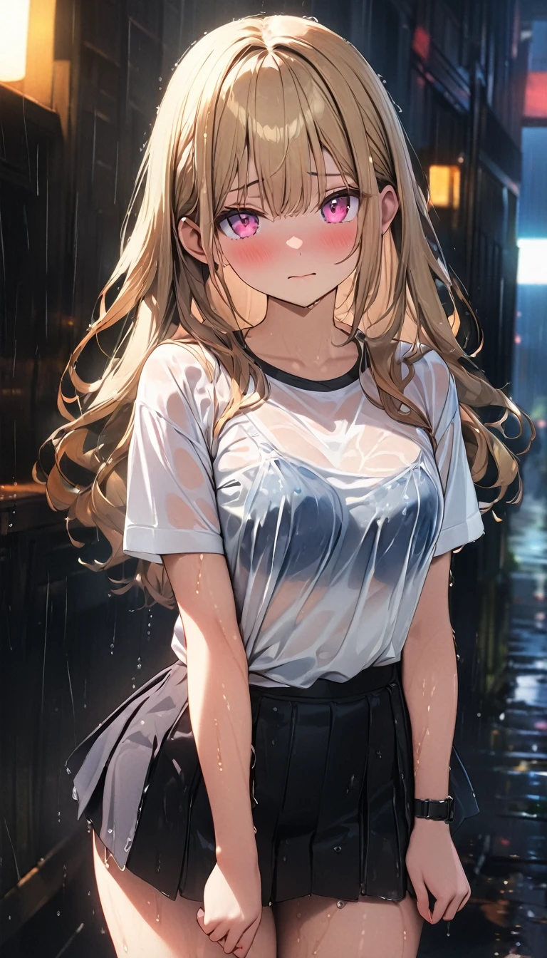 (Best quality, 8k, 32k, Masterpiece, UHD,:1.2),RAW, 1girl,ultra cute , natural lighting,transparent shining eyes, 20yo ,fair complexion, T-shirts, wet, see- through, rainy, mini skirt, embarrassed, From front, show off bra under T-shirts, wet hair,