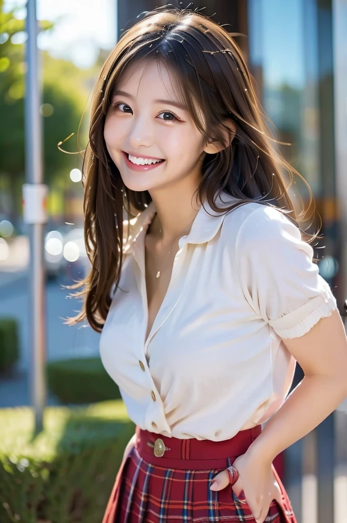 beautiful girl Take off long hair, smile, chest, Smiling with teeth showing, Simple Background, Skirt flip,