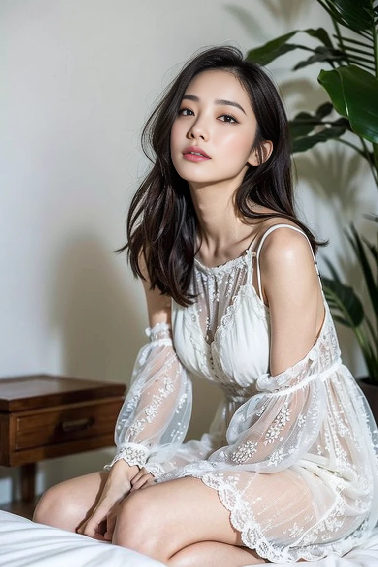 dark brown hair、light brown eyes、Japanese actress face、 lady、I'Iは彼とIが好きです'I'Iは40歳くらいです.、(intricate details:1.2)、(which one is the top?:1.4)、 (ultra high resolution:1.2)、ultra high resolution、(finely tuned)、(detailed facial features)、nffsw、8K resolution、D cup size breasts、long hair、night景、night、luxurious space、relax、、,full body photo、head to toe shot、beautiful feet、camisole dress、beautiful feet、A refreshing room full of sunlight、she, center of fashion, extreme details, very detailed, realistic, hourglass body, obscene pose,、、I cry a lot、tears、From the bottom left、chin up、relaxした表情、Pose of Weakness、(auraroid photo:1.2)、Transparent painting masterpiece、8K、32k、highest quality、(Details of both eyes)、1 girl、elegant、(loose dress :1.4)、(Low - Angle、Seen from the side:1.2)、Hilarious、look at the camera、1 girl、elegant、(Detailed background depiction、Portrait:1.2)、lying on the sofa、white wall、white sofa、A room with plenty of sunlight、