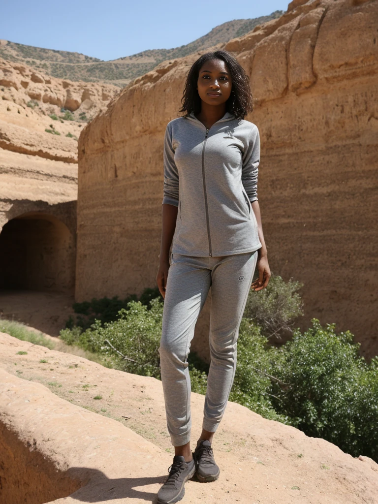 Amira, 1girl, solo, ((Sudanese woman)), consistent face and body, ((MILF)), ((30 years old)), (mature), ((slim)), ((Sudanese face)), (Sudanese nose), (Sudanese lips), short hair, upper body and upper legs, (background: overlooking Hercules Caves in Morocco), BREAK, (wearing stylish Comfortable hiking clothes)