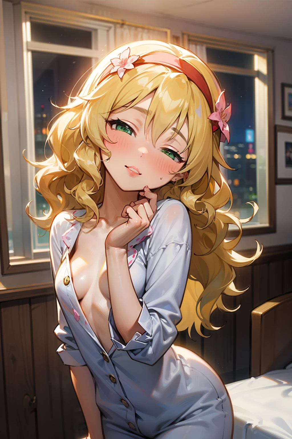 masterpiece,best quality, ultra-detailed,1girl(sakurai momoka, lovely small breasts, naked body, wavy hair, long hair, blonde hair, headband, pink flower in hair,green eyes, half-closed eyes), a charming face, parted lips, nose blush, blush, facing viewer , looking at viewer, head tilt, solo, pajama, cleavage, in the bedroom, night time, standing, seductive, a seductive pose