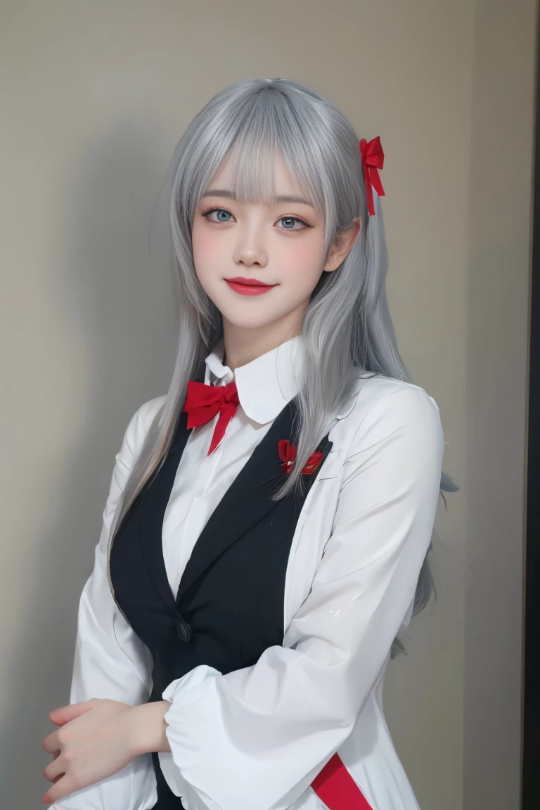 ulzzang-6500-v1.1,(raw photo:1.2),((photorealistic:1.30)), ((best quality)) ,((masterpiece)),((Ultra High Resolution)), ((Clear View)),,Ultra-high resolution,Clear face,(Reality:1.4) , illustration, an extremely delicate and beautiful, extremely detailed ,CG ,unity ,8k wallpaper, Amazing, finely detail, masterpiece,best quality,official art,extremely detailed CG unity 8k wallpaper,absurdres, incredibly absurdres, huge filesize, ultra-detailed, highres, extremely detailed,beautiful detailed girl, extremely detailed eyes and face, beautiful detailed eyes,light on face,cinematic lighting, 1girl, 独奏, bangs, alya(roshidere), (white hair:1.3), long hair, bangs, Blue eyes, hair ribbon, ahoge, (red ribbon:1.3), skirt, shirt, long sleeves, bow, , jacket, white shirt, pleated skirt, collared shirt, bowtie, black skirt, red bow, red bowtie, blazer, (grey blazer:1.3), long sleeves, upper body view, smile,