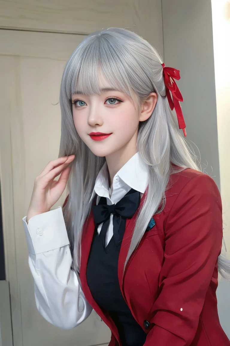 ulzzang-6500-v1.1,(raw photo:1.2),((photorealistic:1.30)), ((best quality)) ,((masterpiece)),((Ultra High Resolution)), ((Clear View)),,Ultra-high resolution,Clear face,（Reality：1.4) ,  illustration, an extremely delicate and beautiful, extremely detailed ,CG ,unity ,8k wallpaper, Amazing, finely detail, masterpiece,best quality,official art,extremely detailed CG unity 8k wallpaper,absurdres, incredibly absurdres, huge filesize, ultra-detailed, highres, extremely detailed,beautiful detailed girl, extremely detailed eyes and face, beautiful detailed eyes,light on face,cinematic lighting, 1girl, 独奏, bangs, alya(roshidere), (white hair:1.3), long hair, bangs, Blue eyes, hair ribbon, ahoge, (red ribbon:1.3), skirt, shirt, long sleeves, bow, , jacket, white shirt, pleated skirt, collared shirt, bowtie, black skirt, red bow, red bowtie, blazer, (grey blazer:1.3), long sleeves, upper body view, smile,