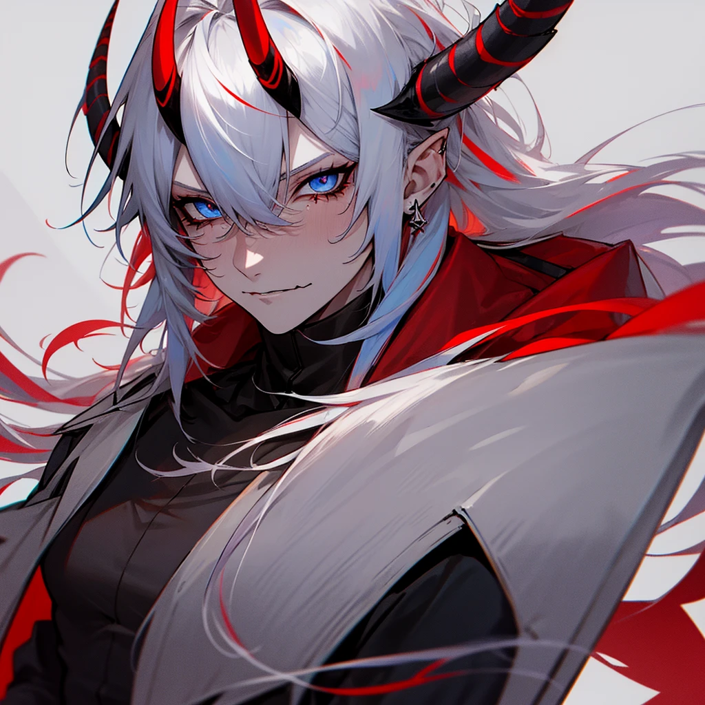 Pretty, boy, male, guy, pale. Tall, black markings on skin, demon, demon horns, demon tail, crying, dark blue eyes, anime, white hair, long hair, long white hair with red streaks, masculine, intimidating