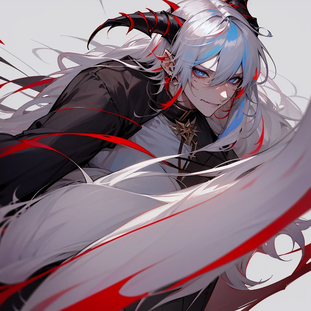 Pretty, boy, male, guy, pale. Tall, black markings on skin, demon, demon horns, demon tail, crying, dark blue eyes, anime, white hair, long hair, long white hair with red streaks, masculine, intimidating