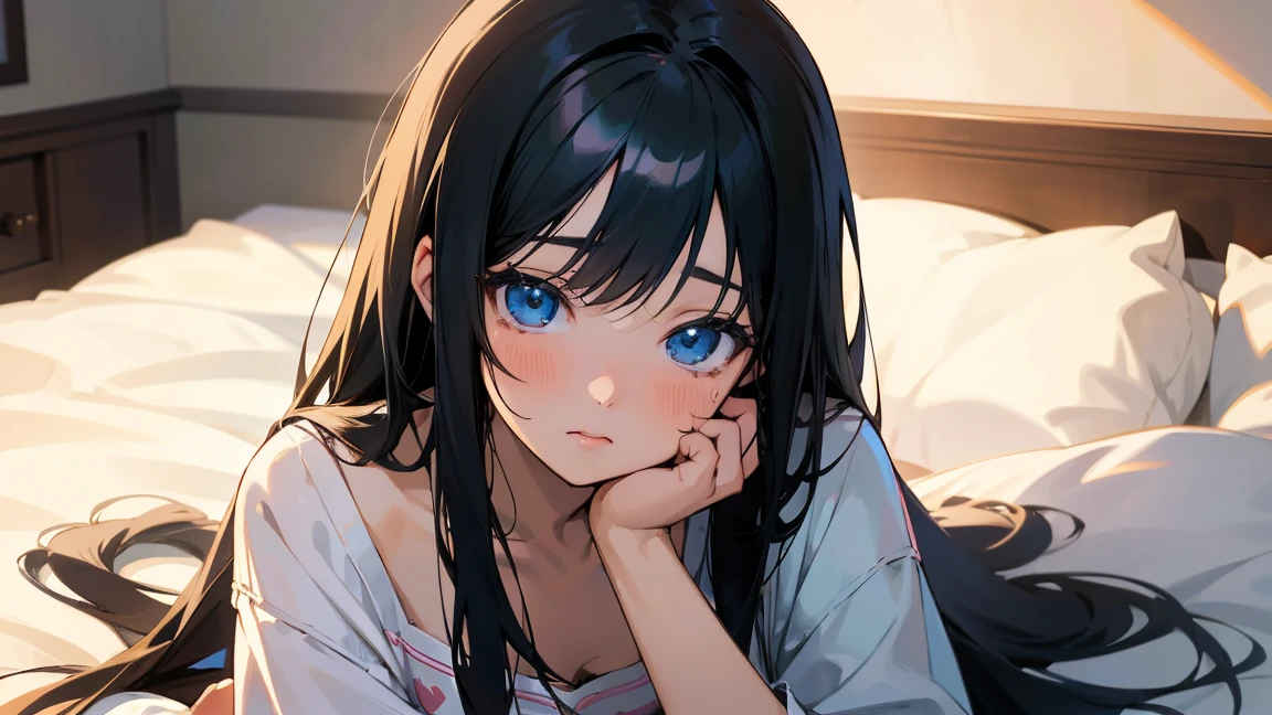 Anime girl sitting on bed with long black hair and blue eyes, Beautiful anime portraits, Cute realistic portrait, Beautiful Anime Girls, Cute Anime Girl, Cute Anime Girl portraits, Anime Girl Portrait, Cute Anime Girl portrait, Smooth anime CG art, Cute Anime Girl, Realistic young anime girl, Cute girl anime visuals, portrait of Cute Anime Girl, Cute natural anime face,chest