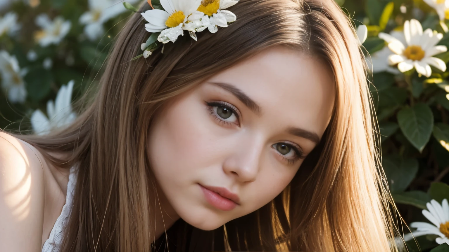 (close up headshot), Masterpiece, best quality, ((70's - 1970)), (San fransisco street), moonlight, BREAK ((clothes hippie)), flower crown, ((woodstock)), (rock n roll), peace symbol, flowers, ((wearing only flowers, and flowers)), BREAK colorful leaves and flowers growing from hair, rainbow love and peace , BREAK long hair, (straight hair), pale skin, fair skin, white skin, large breasts, BREAK, paulina seikola,