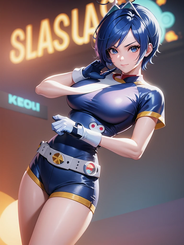 (at night), in a video game scene, a background of a beautiful city during the day raining, standing at attention, semi-short blue hair, blouse with an anime frog face, white flared pants, wearing blue fingerless exercise gloves, has round goggles on her head, huge belt with a round eyeglass, ((blue hair)), 1 girl, alone, 20 years old, young woman, perfect hands, beautiful fingers, beautiful long legs, beautiful body, beautiful nose, beautiful design of characters, perfect face, looking at the viewer with serious gesture (focusing on his face), closed mouth, Light_Smile, official art, extremely detailed CG unity 8k wallpaper, perfect lighting, bright and colorful front lighting, glowing skin (masterpiece : 1.0), (best_quality: 1.0), ultra high resolution, 4K, ultra detailed photography, 8K, HDR, high resolution, nonsense:1.2, Kodak portra 400, film grain, background blur, bokeh:1.2, lens flare, (vibrant_color:1.2), professional photography, (beautiful_face: 1.5), (narrow waist),
