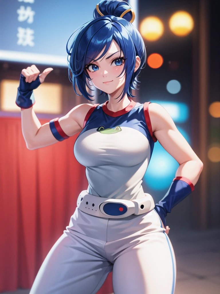 (at night), in a video game scene, a background of a beautiful city during the day raining, standing at attention, semi-short blue hair, blouse with an anime frog face, white flared pants, wearing blue fingerless exercise gloves, has round goggles on her head, huge belt with a round eyeglass, ((blue hair)), 1 girl, alone, 20 years old, young woman, perfect hands, beautiful fingers, beautiful long legs, beautiful body, beautiful nose, beautiful design of characters, perfect face, looking at the viewer with serious gesture (focusing on his face), closed mouth, Light_Smile, official art, extremely detailed CG unity 8k wallpaper, perfect lighting, bright and colorful front lighting, glowing skin (masterpiece : 1.0), (best_quality: 1.0), ultra high resolution, 4K, ultra detailed photography, 8K, HDR, high resolution, nonsense:1.2, Kodak portra 400, film grain, background blur, bokeh:1.2, lens flare, (vibrant_color:1.2), professional photography, (beautiful_face: 1.5), (narrow waist),
