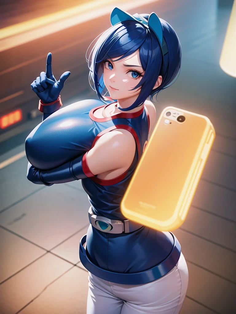 (at night), in a video game scene, a background of a beautiful city during the day raining, standing at attention, semi-short blue hair, blouse with an anime frog face, white flared pants, wearing blue fingerless exercise gloves, has round goggles on her head, huge belt with a round eyeglass, ((blue hair)), 1 girl, alone, 20 years old, young woman, perfect hands, beautiful fingers, beautiful long legs, beautiful body, beautiful nose, beautiful design of characters, perfect face, looking at the viewer with serious gesture (focusing on his face), closed mouth, Light_Smile, official art, extremely detailed CG unity 8k wallpaper, perfect lighting, bright and colorful front lighting, glowing skin (masterpiece : 1.0), (best_quality: 1.0), ultra high resolution, 4K, ultra detailed photography, 8K, HDR, high resolution, nonsense:1.2, Kodak portra 400, film grain, background blur, bokeh:1.2, lens flare, (vibrant_color:1.2), professional photography, (beautiful_face: 1.5), (narrow waist),