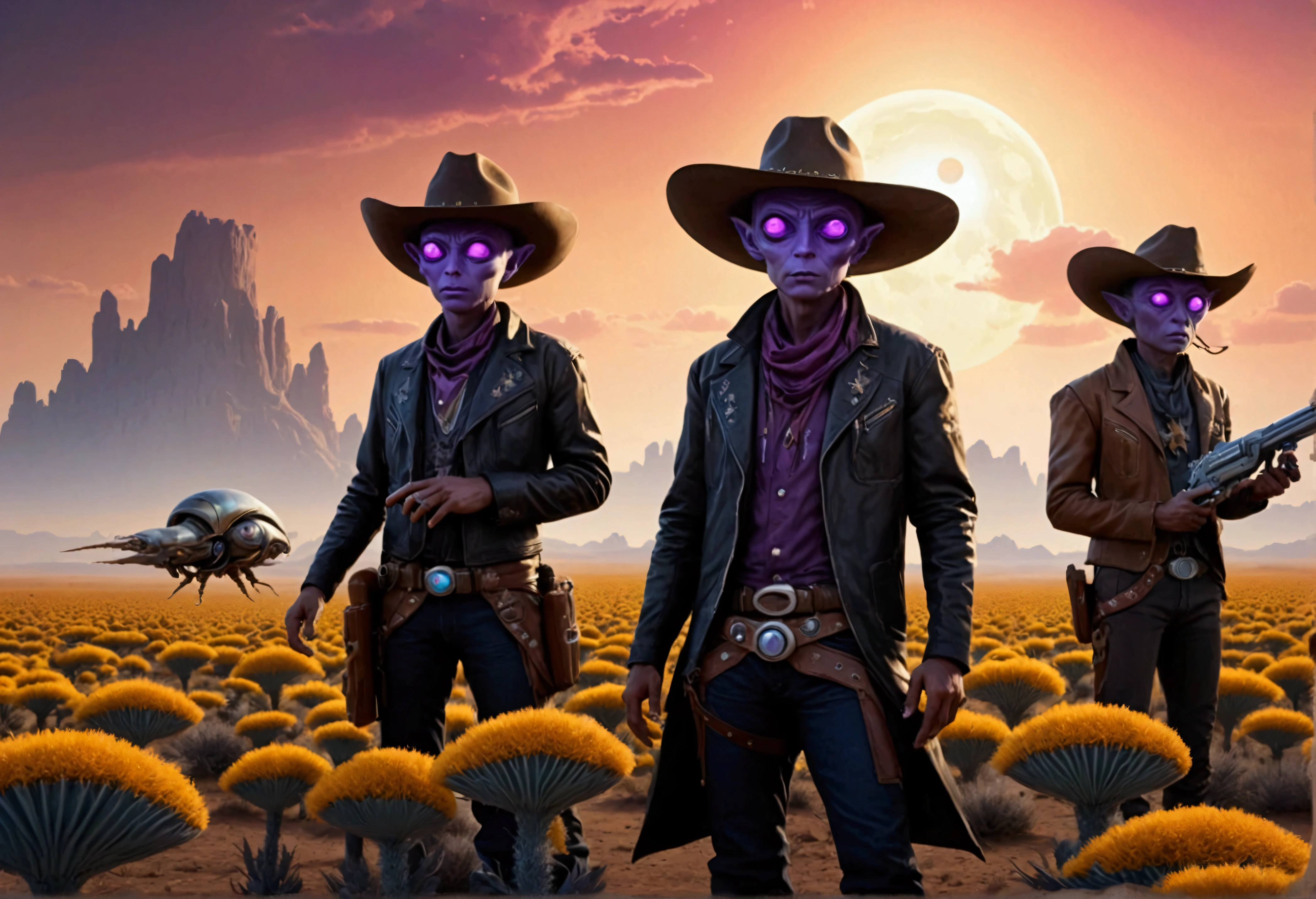 Alien cowboys (lean, big head, huge dark eyes, cowboy outfit, ray guns) are riding on crystalline beetles, alien plains with strange plants, violet skies, 2 suns
