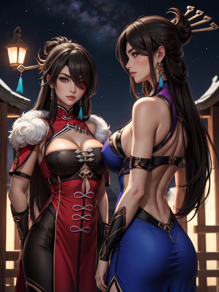 (beidou style) (adult) adult face and body, 1 woman,, bare abdomen, boob window widowmaker costumes, armor Big breasts blue  Long hair Looking for another Looking at viewer Night sky outdoors, cut bright lips, olhos vermelhos sentados no sky estrelado (sky), Coxas Cabelos longos, brown hair, bonita ultra-detalhado,