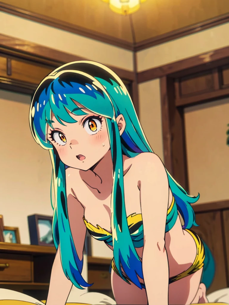 masterpiece, Highest quality, 1 Girl, Lum、比基尼, nose blush, mature, 18-year-old, 、On all fours、Watching the audience、From below,  From before, anime, sexy、 High definition,  to point at, Bedroom, Green Hair, Hand up