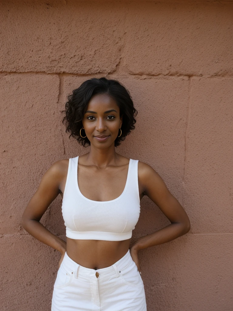 Amira, 1girl, solo, ((Sudanese woman)), consistent face and body, ((MILF)), ((30 years old)), (mature), ((slim)), ((Sudanese face)), (Sudanese nose), (Sudanese lips), short hair, upper body and upper legs, (background: Souk El Had), BREAK, (wearing stylish loose-fitting.)
